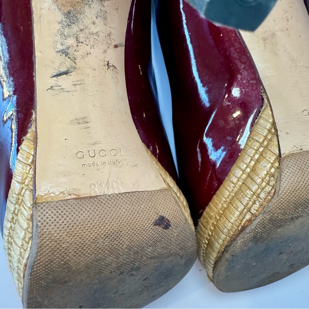 Gucci Burgundy Patent Leather Sandal W Bamboo Platform & Horsebit Accent Sz 8.5 - Picture 14 of 15